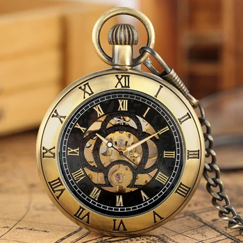 Бронз/черен/сребърен джобен часовник с окачване с ръчен ликвидация, ретро циферблат с римски цифри, механични часовници джобни без покритие, подаръци за часа