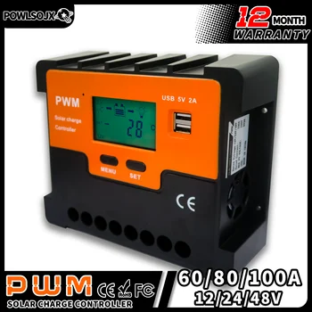 POWLSOJX PWM Слънчев контролер за зареждане на 12 В 24 В 48 с USB порт, интелигентен регулатор на зареждане на батерията с отрицателно заземяване, съвместим