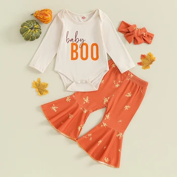 Облекло за новородени момичета за Хелоуин, гащеризон с дълги ръкави и писмото принтом, разкроена панталони с цветя модел, превръзка на главата, облекло