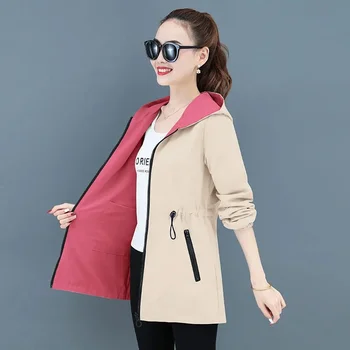 2022 Новата есенна дамско яке, двустранен ветровка, дамски якета с дълъг ръкав, ежедневното основно палто с качулка, свободна горна дреха 4XL