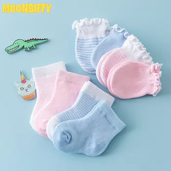 4 чифта/комплект, детски чорапи за новородено + ръкавици, защита от надраскване, дишаща еластичност, ръкавици за лице, подарък за нова година