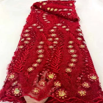 Последователност дантелен мъниста SJ Лейси плат от нигерийски тюл Лейси кърпа 5 ярда Червени дантелени материали за булката Африкански сватбена рокля xh13-17