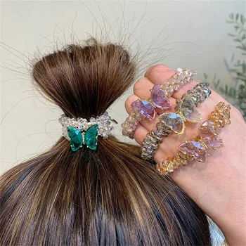 Многоцветни кристали-пеперуди, завязки за коса, въже, аксесоари, лента за коса, Луксозен кристална гривна, Еластична лента за коса, шапки на едро