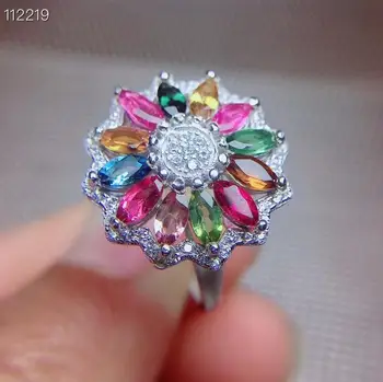 MeiBaPJ Натурален скъпоценен камък турмалин, модерен цветен пръстен с камък цвете за жени, сега сребро 925 проба, очарователни бижута
