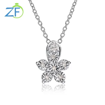 GZ ZONGFA Чисто сребро 925 проба, диамантена огърлица за жени, 0,04 карата, естествен диамант, висулка във формата на цвете и звезда, изискани бижута