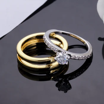 ThreeGraces, нова мода, комплект пръстени с кубическим цирконием за младоженци, годежен пръстен за жени, бижута с бяло и златно покритие, R299