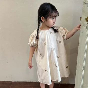 2023 Лятото ново детско рокля с бродерия заек за малки момичета, детски скъпа пола принцеса, ежедневни памучен дрехи за деца