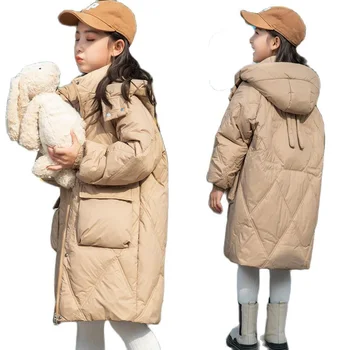 Зимните якета са с качулка за момичета, свободни стилни детски обикновен слой от бял патешко пух, топла горна дреха за малки деца