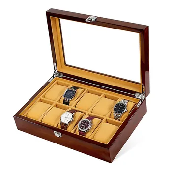Дървена кутия за часовник, органайзер, 10 слота, калъф за съхранение на кутии за часовници, прозрачен люк на покрива, механични ръчни часовници, събиране на подаръци